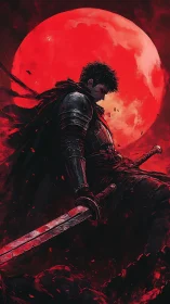 Brooding moonlit warrior resting beneath a crimson sky.