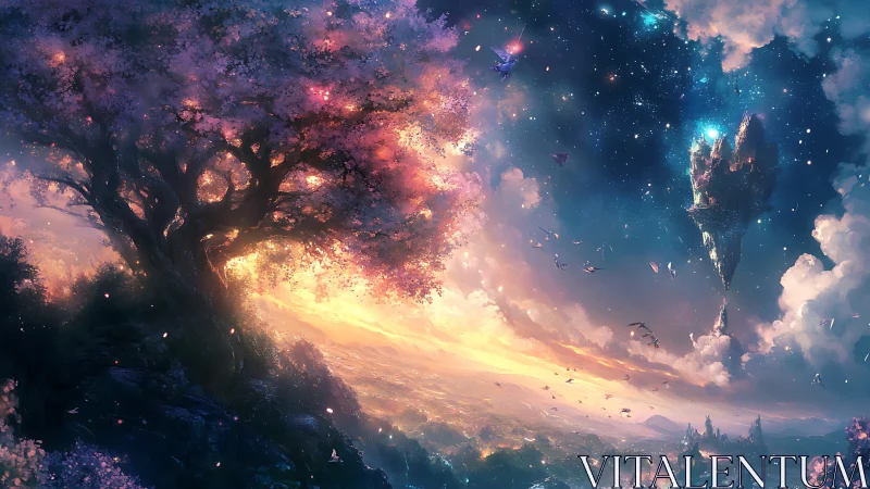 Celestial twilight tree overlooking luminous fantasy skyline.