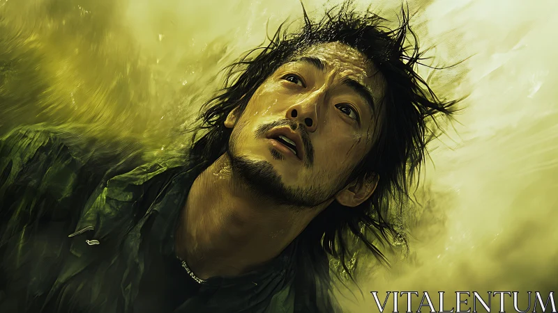 Digital painting portrait in turbulent yellow atmospheric field.