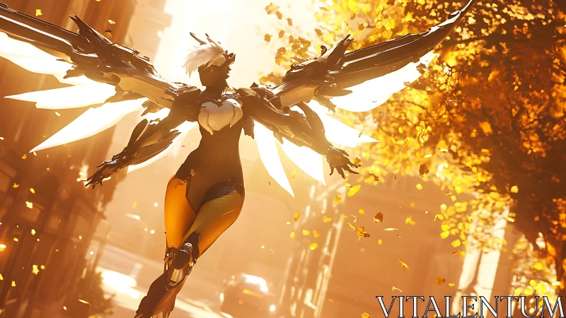 Cyber angel soars through golden autumn urban lightscape.