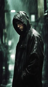 Mysterious hooded figure walks alone through the rainy city