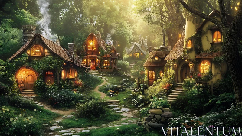 Fairytale woodland hamlet with warm cottage clustering design.