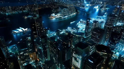 Neon tide over harbor towers in a sleepless electric city.