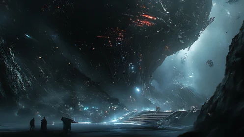 Colossal starship womb hovers above pilgrims in icy dusk