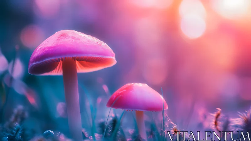 Bioluminescent pink mushrooms glow in dreamy twilight forest