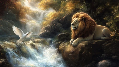Lion and white dove converge beside sunlit cascading waterfall