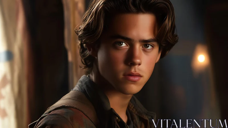 Serious young man in warm, low light portrait scene.