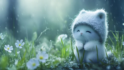 Small white creature in knit hat sits among wet grass