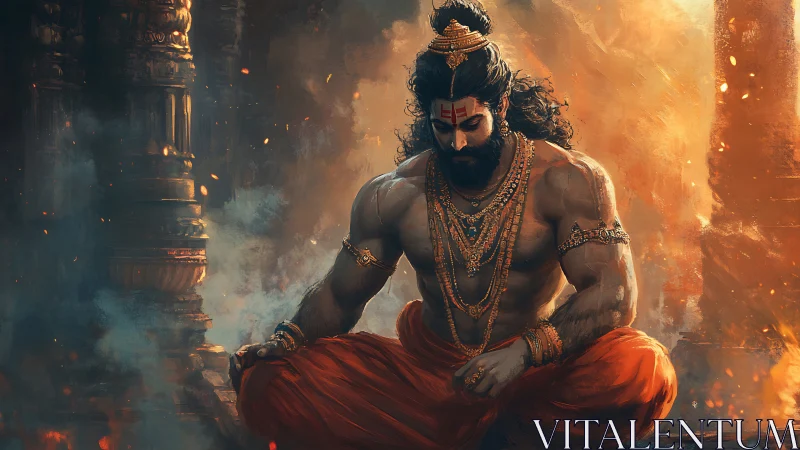 Firelit warrior yogi in molten-temple meditation trance.