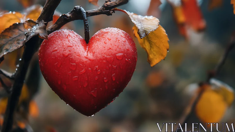Heart-shaped red fruit with frost and autumn foliage on branch