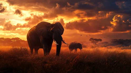 Elephants in tall grass under dense sunset cloud cover.