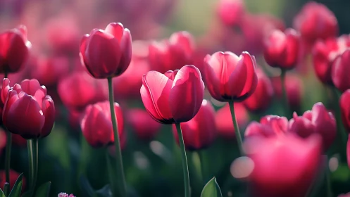 Luminous Deep Crimson Tulips in Layered Soft-Focus Garden Composition.