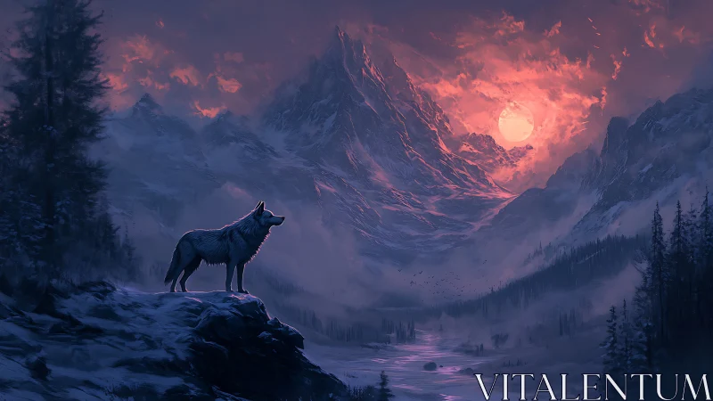 Lone twilight wolf guarding a burning rose-lit mountain moon.