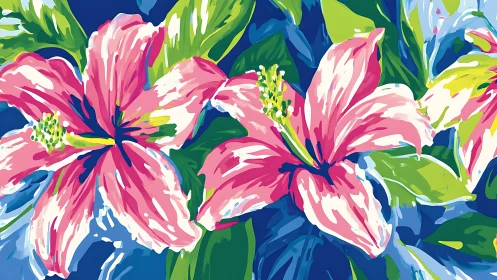 Bold digital painting of pink lilies and green foliage.