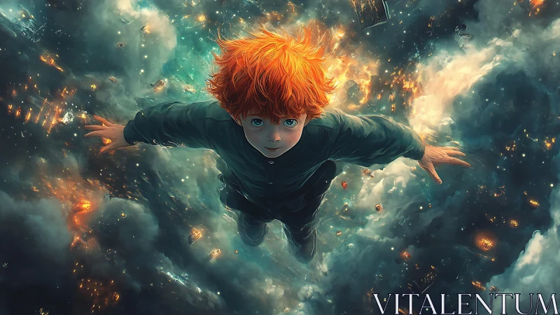 Red haired boy free-falling through luminous cloud vortex in sky