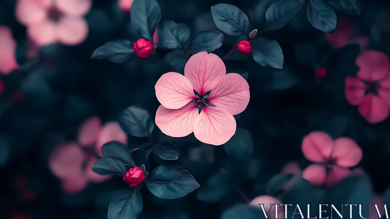 Pink Flower with Dark Foliage Close-up.