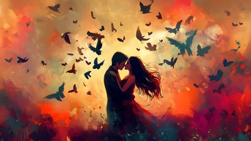 Silhouetted couple embracing amid swirling birds and fiery sunset backdrop.