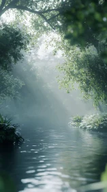 Misty forest stream beneath arching branches.