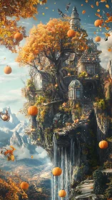 Floating autumn citadel with pumpkins and cascading falls.