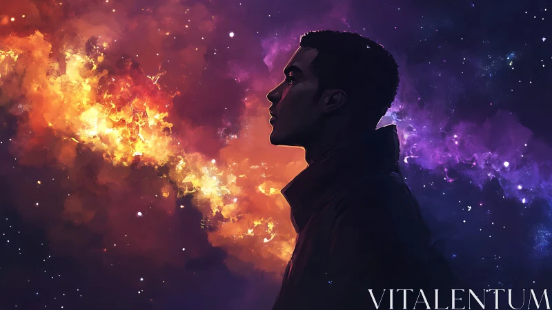 Silhouetted male profile aligned with vibrant cosmic nebulae