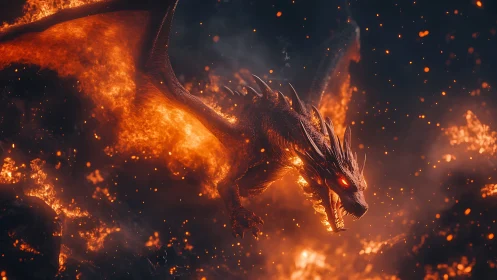 Fiery dragon soars through blazing embers in a molten sky