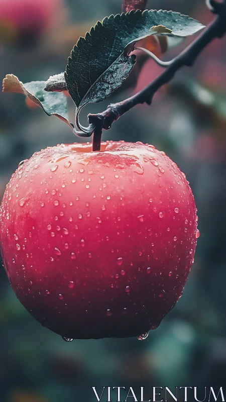 Macro close-up isolates dewy red apple with shallow depth