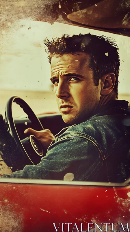 Moody driver in vintage red car under gritty filter.