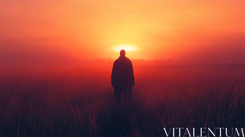 Solitary wanderer melts into a horizon of burning dawn light