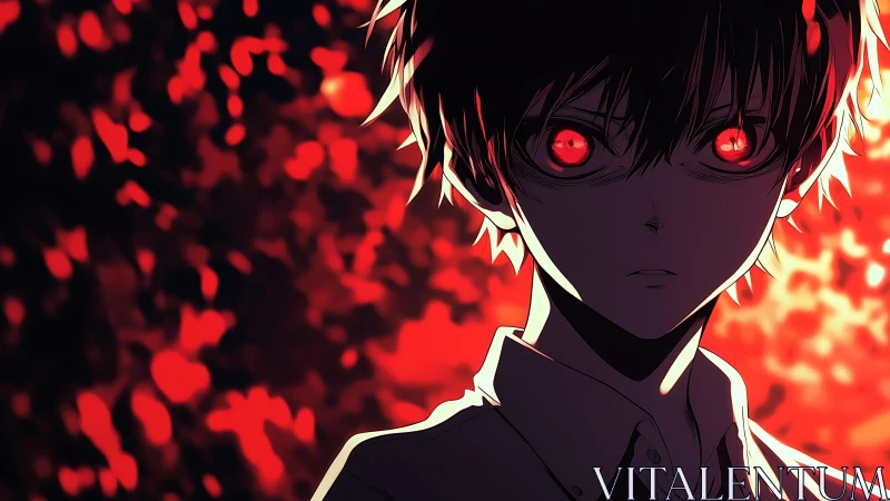 Anime boy with glowing red eyes against burning bokeh field.