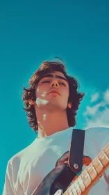Young guitarist gazes skyward under vibrant blue summer sky