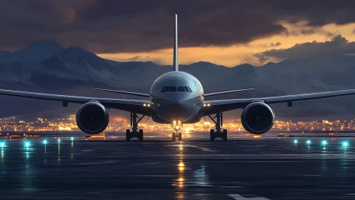Twilight jetliner waiting on a glowing runway for takeoff.