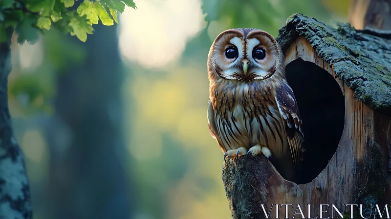 Curious owl perched at tree hollow, nature photography style.