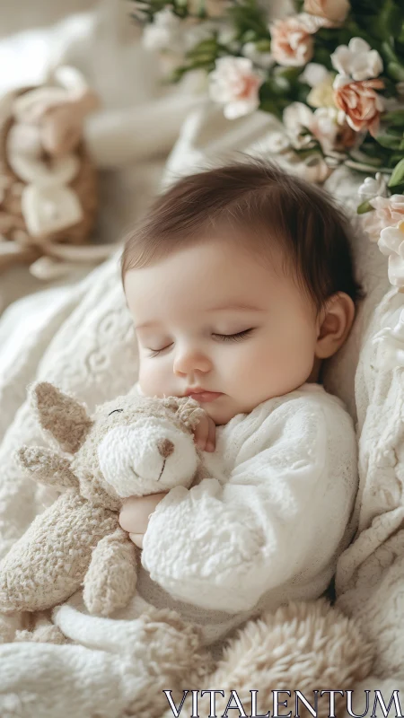 Peaceful Sleeping Baby With Stuffed Bunny Among Soft Flowers