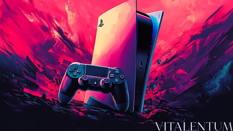 PlayStation 5 Gaming Console With Controller Against Vibrant Neon Background.