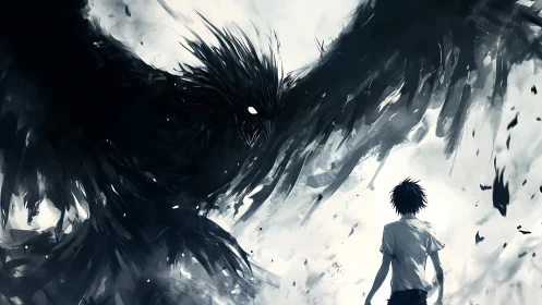 Human figure facing large shadowed avian entity in void