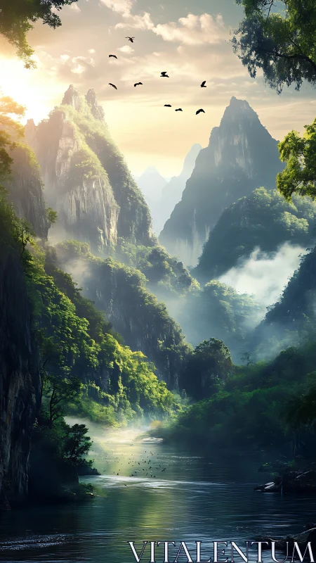 Sunlit mountain valley river wrapped in soft morning mist.