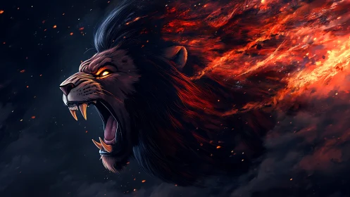 Roaring lion blazes forward with a mane made of fire