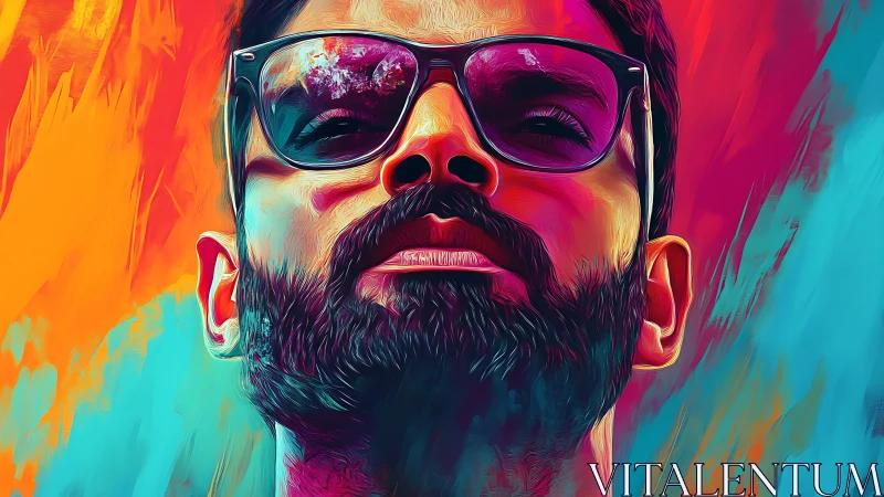Vibrant bearded portrait in neon duotone digital brushwork.