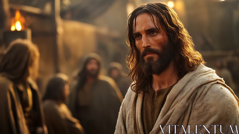 Bearded robed man stands in shallow focus among hooded figures