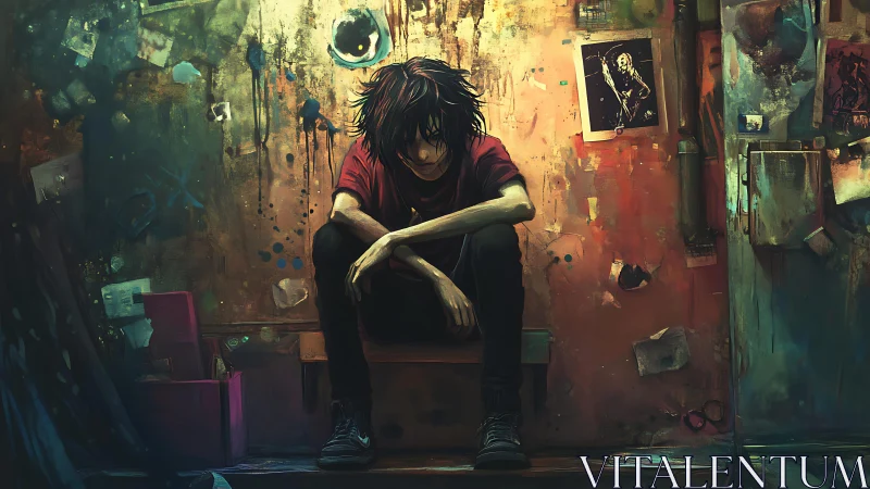 Melancholic youth in grungy studio corner with abstract graffiti.