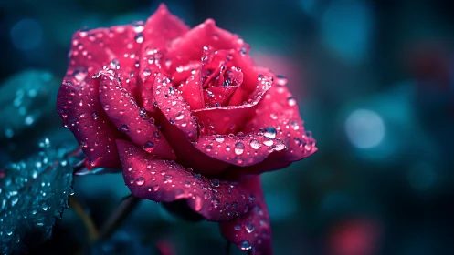 Crimson Rose Jeweled in Droplets Against Teal Depths.
