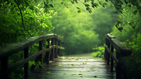 Wooden Footbridge in Lush Green Forest During Rain, Atmospheric Style.