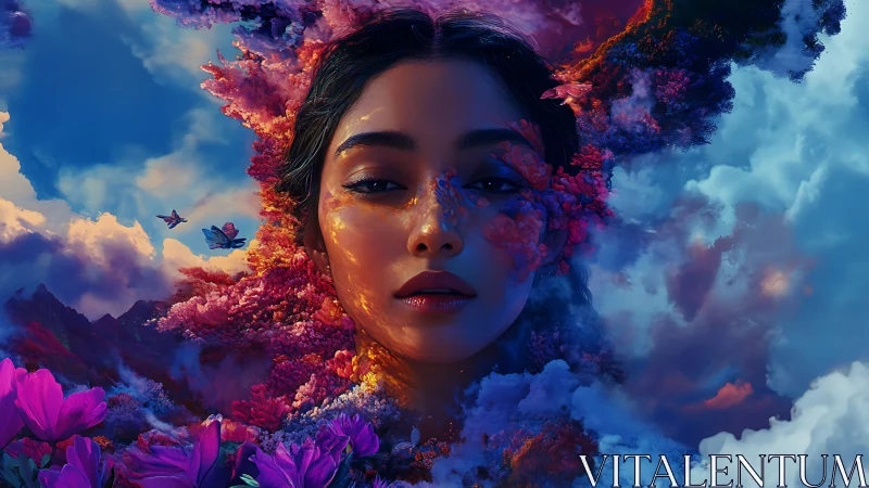Surreal female portrait fused with vibrant floral clouds.