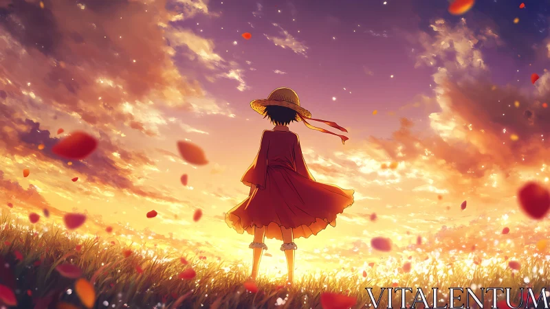 Sunset field dreamer in a windswept red coat of wonder.