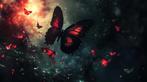 Luminous red butterflies drift through dark enchanted forest