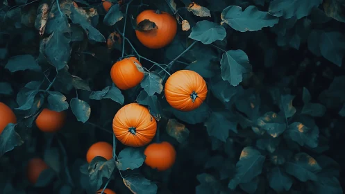 Moody orange pumpkins against deep teal foliage at dusk.