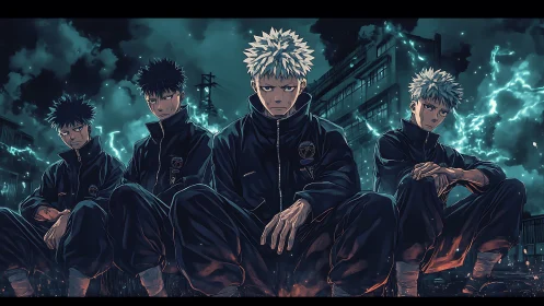 Storm-born delinquents brood under crackling neon skies.