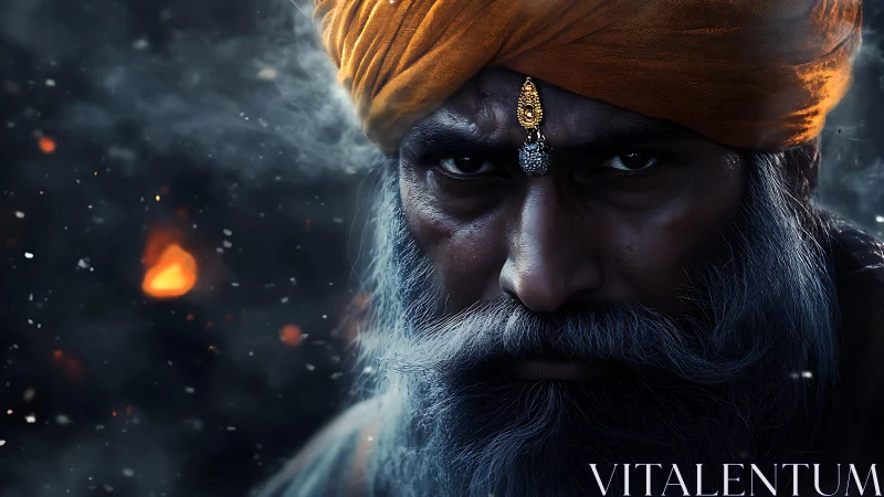 Stern turbaned elder with jeweled brow in smoky darkness.