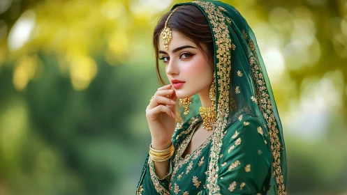 Woman in green embroidered veil with gold jewelry outdoors.