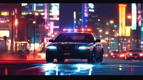 Neon lit police cruiser racing through rain slick city streets.